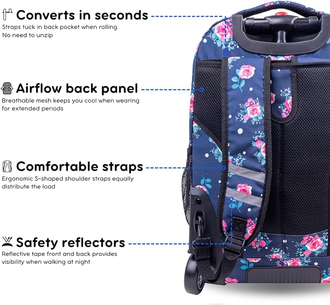 J World Sundance Laptop Rolling Backpack for Girls Boys. Roller Bookbag with Wheels, 20 Inch, Navy Rose