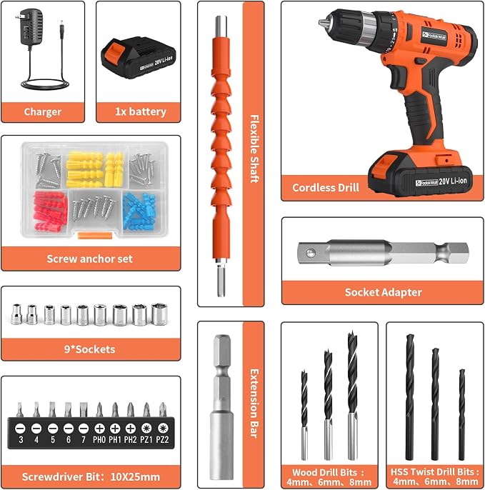 FADAKWALT 20V Electric Power Drill Set, Torque 30N, 21+1 Torque Setting, 3/8-Inch Keyless Chuck, LED Electric Drill Kit, Orange