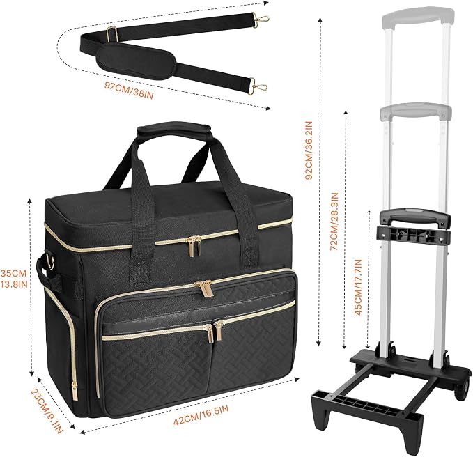 ORKELS Rolling Teacher Bag with Removable Trolley, Wheeled Teacher Tote for 17.3 Inch Laptop, Large Rolling Work Bag with Organized Storage for Books, Files, Lesson Plans & Classroom Supplies, Black