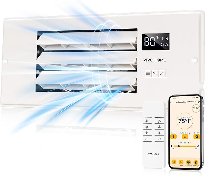 VIVOHOME Register Booster Fan - 4'' x 12'' Opening with Adjustable Louver - Smart Thermostat & 10-Speed WIFI App Control - AC Vent Fan for Floor, Ceiling, Wall - Quiet Operation (White)