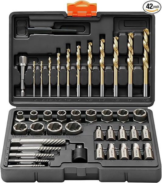 42Pcs Bolt Extractor Kits with Left Hand Cobalt Drill Bit Set, Easy Out Broken Stripped Screw Extractor Set Removal Tool for Damaged, Frozen, Studs, Rusted, Rounded-Off Bolts, Nuts & Screws