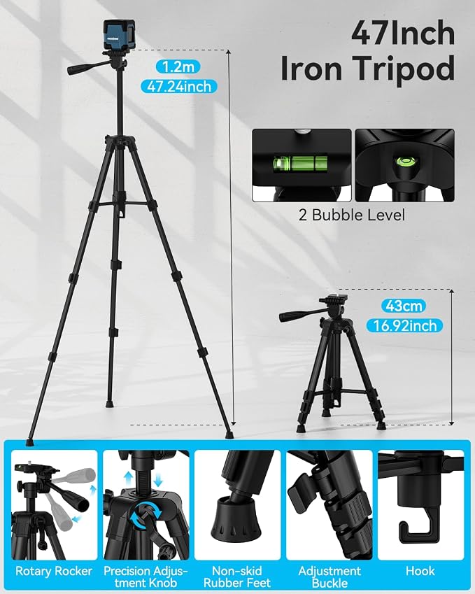 Laser Level with tripod, RockSeed Cross Line Laser with Self-Leveling, Vertical and Horizontal Line, Rotatable 360 Degree, Carrying Pouch, Battery Included (LV1GT2)