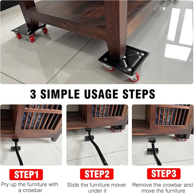 Furniture Dolly Set 5 Wheels Heavy Duty,6.3" Carbon Steel Panel Dolly, 360°Rotatable Rubber Universal Wheels,Non-Slip Sliders&Lifter,3300Lbs Load Capacity,Furniture Lifter for Sofa, Piano,Appliances