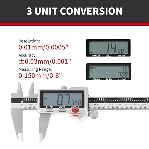 6 inch Stainless Steel Digital Caliper & Rule Set | IP54 Splash-Proof Protection, Inch/Metric/Fraction Switch, Large LCD Display, DIY/Household