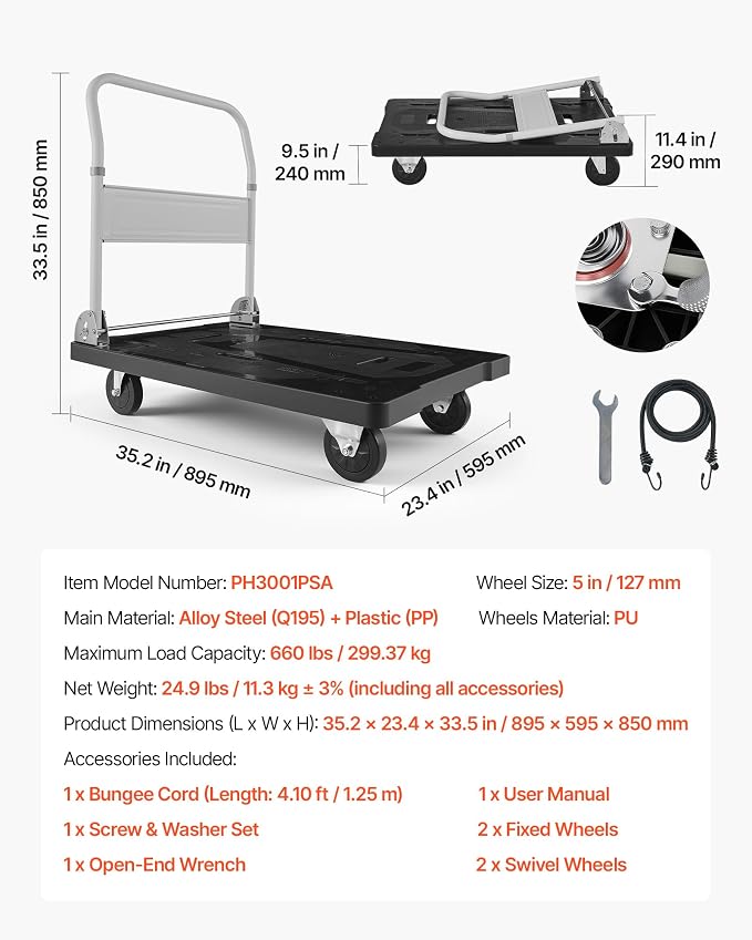 VEVOR Foldable Push Cart Dolly, 660 lbs Capacity, Folding Platform Truck with Swivel Wheels, Moving Platform Hand Truck Flatbed Cart, Space Saving Push Handle, for Easy Storage, 35.2 x 23.4 x 33.5 in