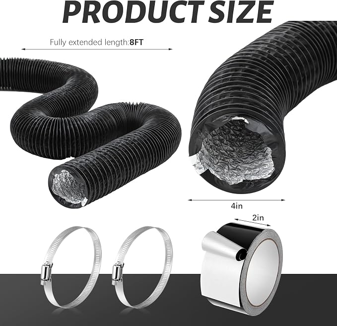 Zonon Dryer Vent Hose 4 Inch X 8 Feet Flexible Aluminum Foil Ducting Non Insulated with Stainless Steel Clamps and Aluminum Tape for Pipe, HVAC Heating Cooling Ventilation and Exhaust(Black)