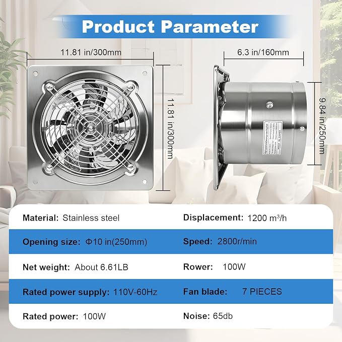 10-inch wall-mounted kitchen metal exhaust fan with switch, 382-576CFM, portable installation, with return air valve, suitable for attic, garage, bathroom, office, basement ventilation, silver