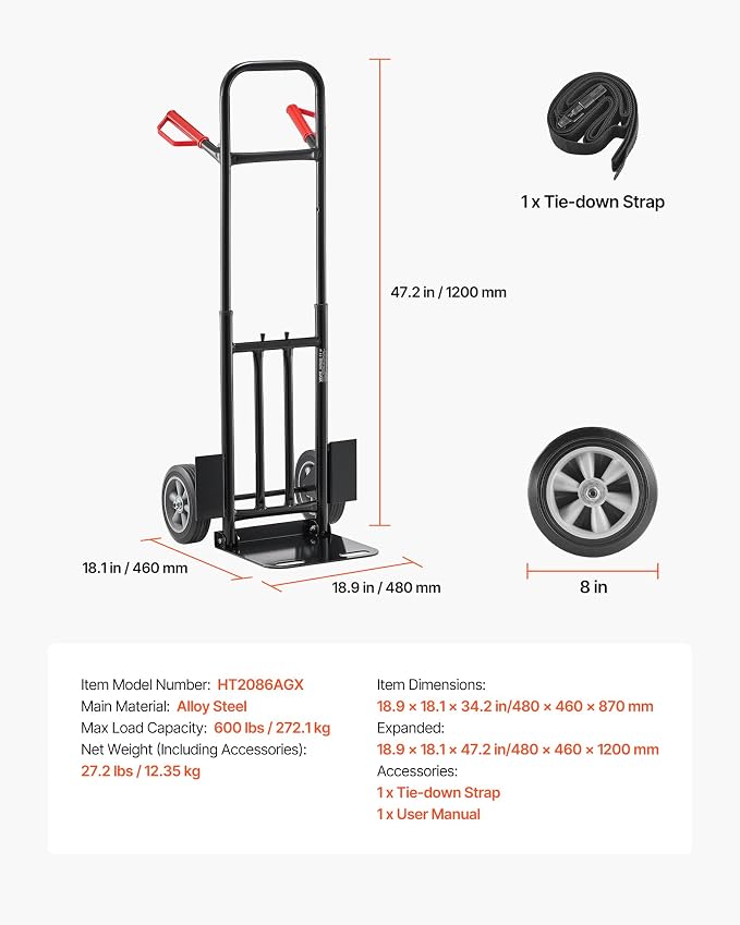 VEVOR Steel Pneumatic Hand Truck Dolly, Convertible Heavy-Duty Moving Dolly Cart with Handle, 600 LBS Portable Trolley Dolly with Tie-Down Strap for Moving Home, Office, Warehouse, Supermarket