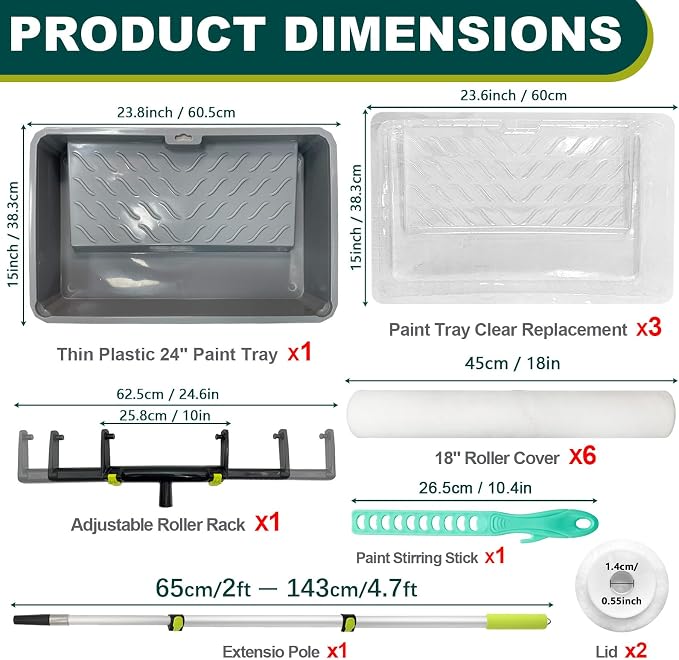 15 Pcs 18" Paint Roller Kit with Extension Pole, Adjustable Roller Frame, 6 Pcs 18” Microfiber Paint Roller Covers, 24” Paint Tray with Liners, Professional Painting Supplies for Walls & Ceiling