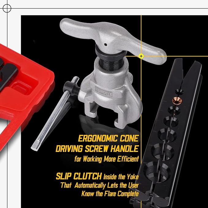 KOOPOOL Eccentric Flaring Tool Kit 7 Dies Flare Bar, Sizes (3/16-3/4 inches) 45 Degree Angle Eccentric Cone Type Flare Tool Set for Brake Line HVAC System Refrigeration Copper Soft Metal