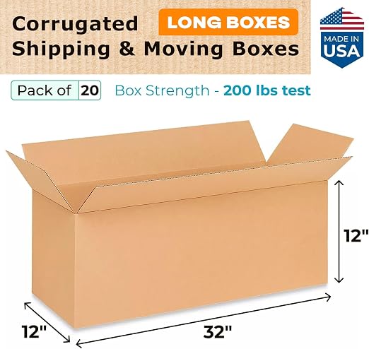 Long Shipping & Moving Boxes 32"L x 12"W x 12"H (20-Pack) - Extra Strength 200 lb vs Regular - USA-Made Corrugated Packing Boxes - Heavy Duty Moving Box - Cardboard Packing Box by IDL Packaging