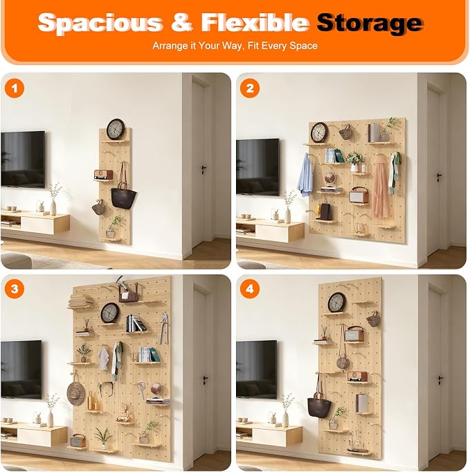AMSXNOO Wood Pegboard Wall Organizer Panel, Wooden Pegboard Combination Wall Organizer Kit, Peg Board Panel Kits for Office Bedroom Livingroom Studyroom (Wooden Color, 40X60CM/15.7X23.6IN)