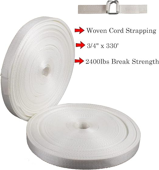 Banding Strapping Kit, Woven Cord Pallet Packaging Tool, Upgraded Strapping Tensioner Tool, 3/4" x 330' Woven Cord (2400 LBS Break Strength), 100pcs Metal Buckles and Woven Cord Roll