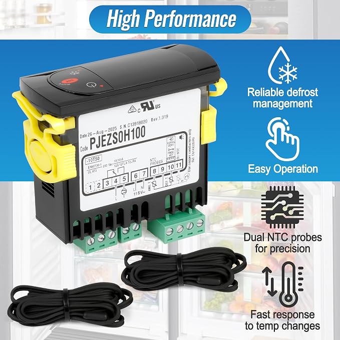 Replacement for Carel PJEZS0H100 Temperature Controller, for 115V 50/60hz Refrigerators/Freezer Types, Digital Thermostat with Sensor Probe & Mounting Hardware