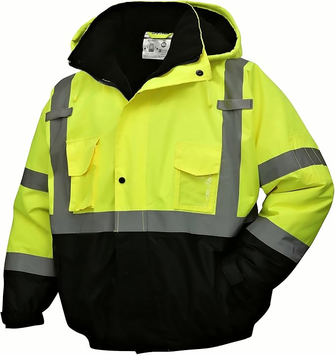 SKSAFETY High Visibility Reflective Jackets for Men, Waterproof Class 3 Safety Jacket with Pockets, Hi Vis Yellow Coats with Black Bottom, Mens Work Construction Coats for Cold Weather, 4XL, 1 Pack