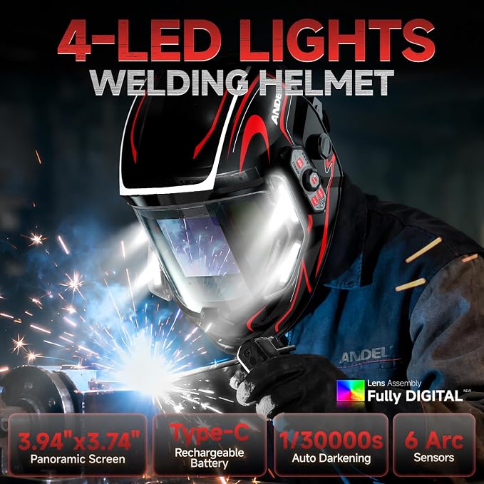 ANDELI Welding Helmet - 180° Panoramic 6 Arc Sensor True Color, Auto Darkening Welding Helmet with Light and Motion Sensing, 2100mAh Rechargeable Battery for TIG/MIG/Cut/Grind MONERRC-LED