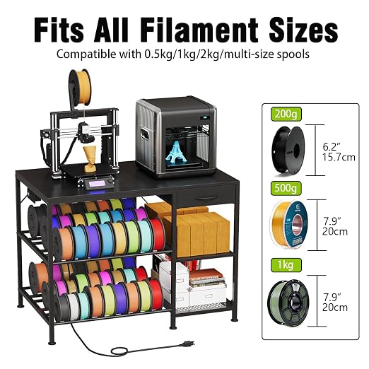 3D Printer Table with Filament Storage, 3-Tier 3D Printer Stand with Power Outlet & Drawer, Heavy Duty 3D Printer Rack for Workshop Studio Office (Black)