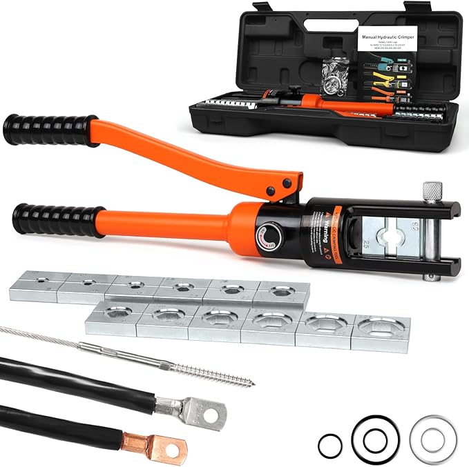 Brileine 16 Ton Hydraulic Crimping Tool, Professional Battery Cable Crimper with 13 Die Sets, 9AWG to 600MCM Cable Crimping Tool (Triple-Stroke Fast Hydraulic Crimper)