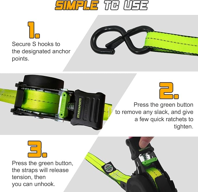 STARLEAPARTS Retractable Ratchet Straps,1500lbs Break Strength,1.0in X12ft | 4pk Retractable Tie Down Set, Auto Ratchet Strap for Motorcyle,Pickups, Kayak, Truck
