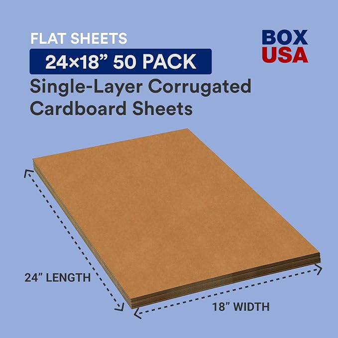 BOX USA 24" x 18" 50-Pack - Large Card Board Sheets for Packaging, Layer Separation, Shipping, Mailing, Packing, and Protecting Products from Forklift Damage