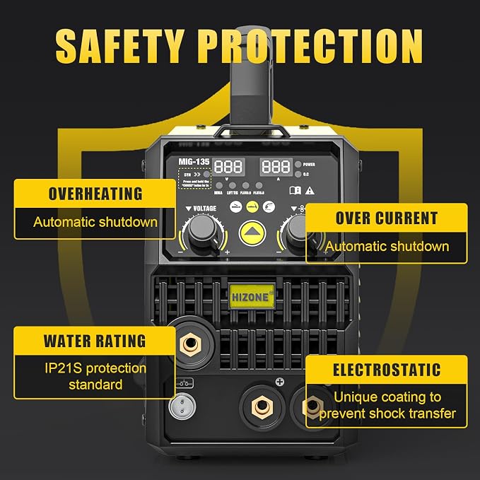 HIZONE 135A MIG Welder, 110V Flux Core MIG Welder/Lift TIG/Stick 3 in 1 Welding Machine, IGBT Inverter Welder with Welding Wire