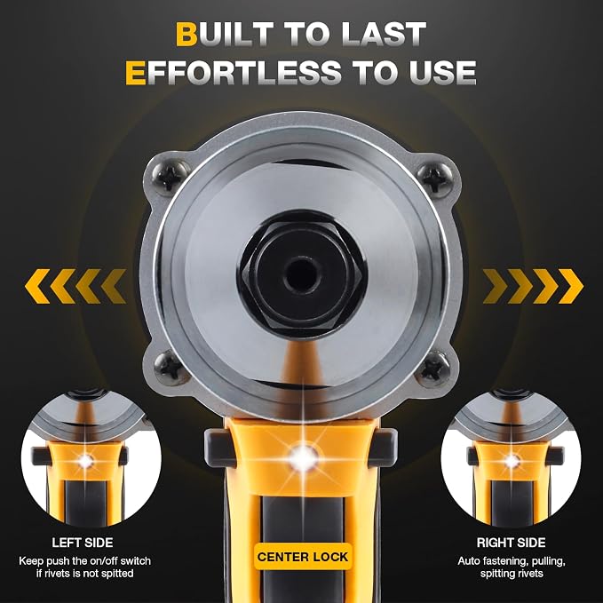 Cordless Rivet Gun Electric Compatible with Dewalt 20V Max Battery, Brushless Cordless Rivet Tool Kit, Pop Rivet Gun with 3 Size (1/8", 5/32", 3/16") Rivets & Rivet Head, Led Light (Tool Only)
