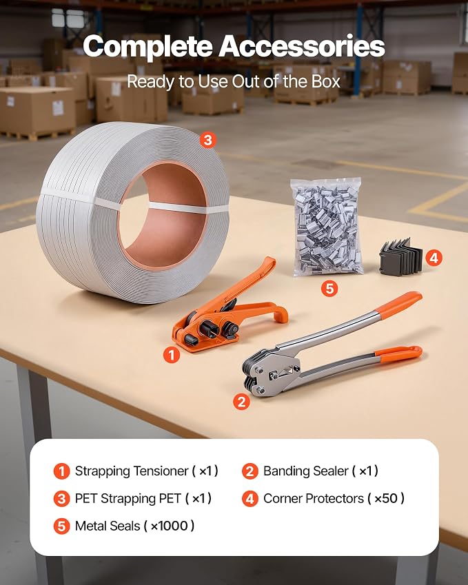 VEVOR Banding Strapping Kit, Heavy Duty Banding Sealer Tool with 3200 ft Length PP Band, 1000 Metal Seals, 50 Corner Protectors, Plastic Pallet Packaging Strapping Kit for Warehouse/Shipping/Moving