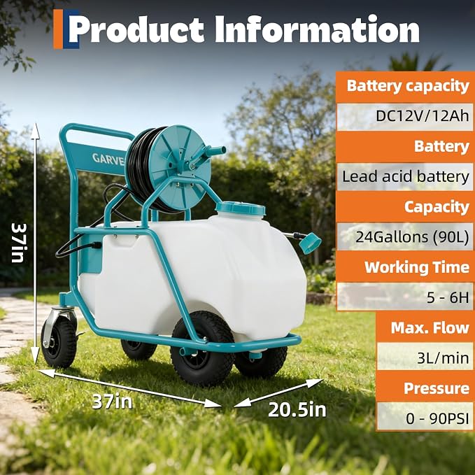 Garvee 24 Gallons Battery Powered Sprayer with Wheeled Cart, 12V 12Ah Electric Sprayer with 6 Nozzles & 2 Wands, 5-6 Hour Runtime, 90PSI Adjustable Pressure, Trigger Lock, Yard Sprayers for Lawn