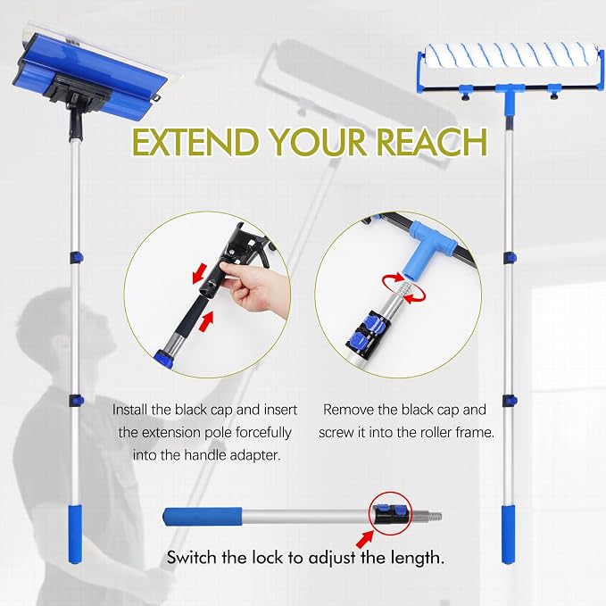 Paint Roller Kit, 18" Paint Roller Set with Paint Scraper, Putty Brushes, Tray with Disposable Liners, Extension Pole and Gloves, Wall Repair and Painting Tools for Interior Walls and Ceilings