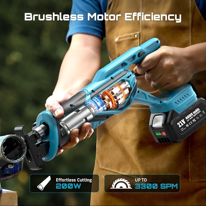 SEESII Cordless Reciprocating Saw, Brushless Motor with 8 Saw Blades | Variable Speed 3500 RPM, 2 x 4.0Ah Batteries, Tool‑Free Blade Change, Adjustable Shoe, for Wood PVC Cutting