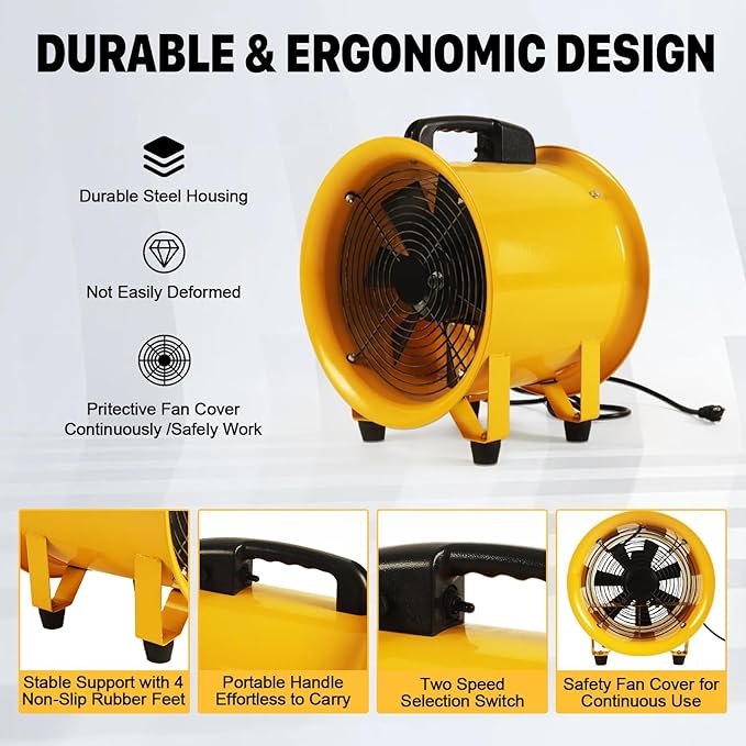 12 Inch Utility Blower Fan with 16 Ft Flexible Duct Hose, 2882 CFM High Velocity Industrial Ventilation Exhaust Fan, Portable Axial Ventilator with Ball Bearing Motor for Workshop, Basement, Job Site.