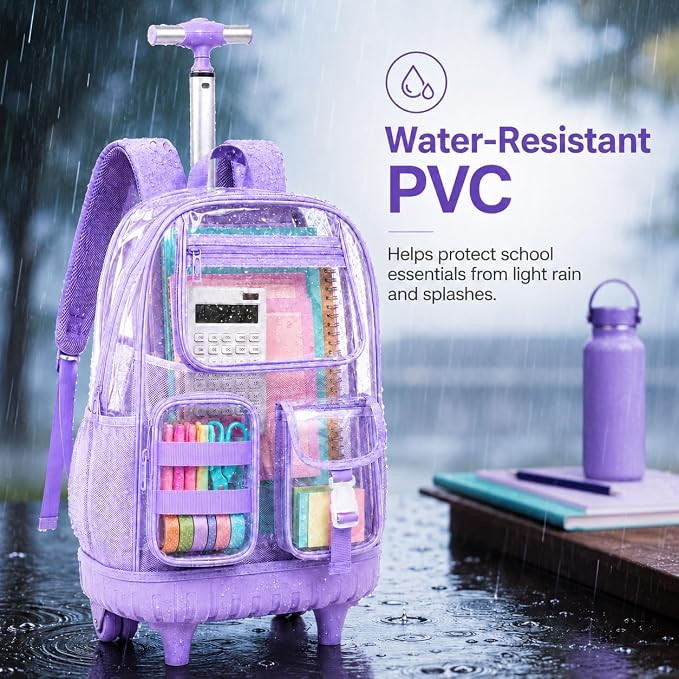 CCJPX 3Pcs Clear Rolling Backpack for Girls Women, Heavy Duty PVC Transparent Wheeled Bookbag, See Through School Bags with Wheels for Teens Elementary Travel - Purple