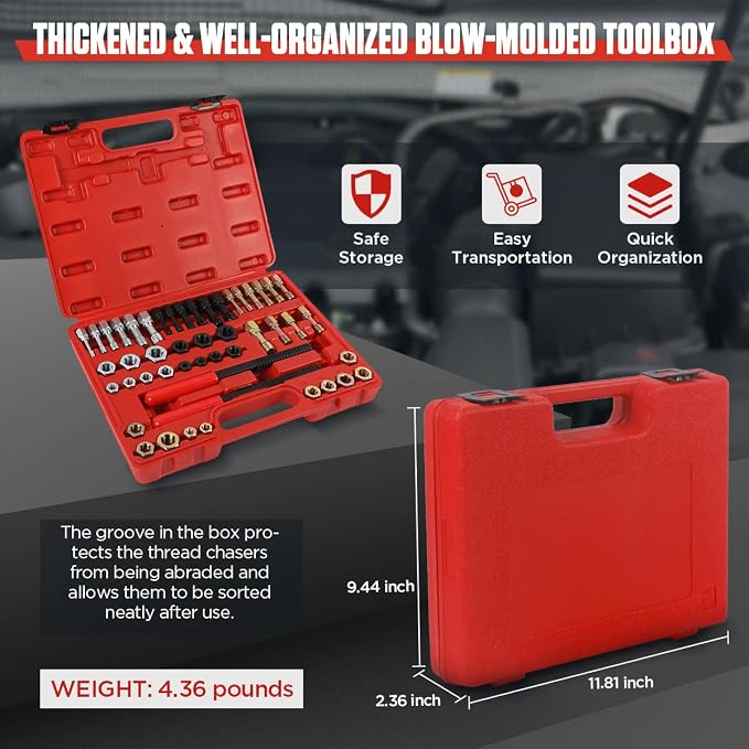 Thread Chaser Set 48PCS Thread Repair Tool Kit UNC/UNF/Metric Thread Chaser Rethreading Kit Anti-rust Thread Restorer Kit with 24 Dies, 22 Taps and 2 Thread Files with Detachable Cap, Tap And Die Set