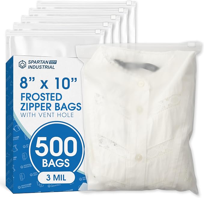 Spartan Industrial - 8" X 10" (500 Count) 3 Mil Frosted Zipper Bags for With Vent Hole - Reclosable Plastic Bags for Clothes, T-Shirts, Leggings
