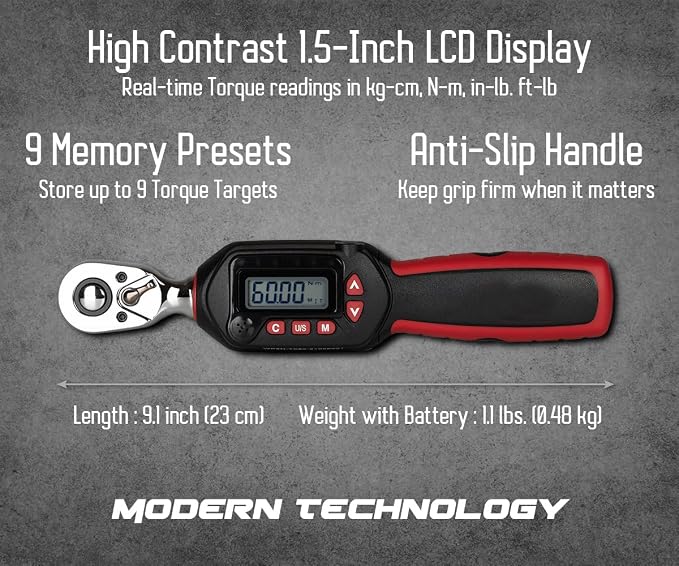 Tapha Tools 3/8 inch Compact Digital Torque Wrench 2.21 - 44.24 ft-lbs (3 - 60 N-m) Torque Range ±2% Accuracy, LED and Buzzer, Preset Memory, ISO 6789 Tested and Calibrated