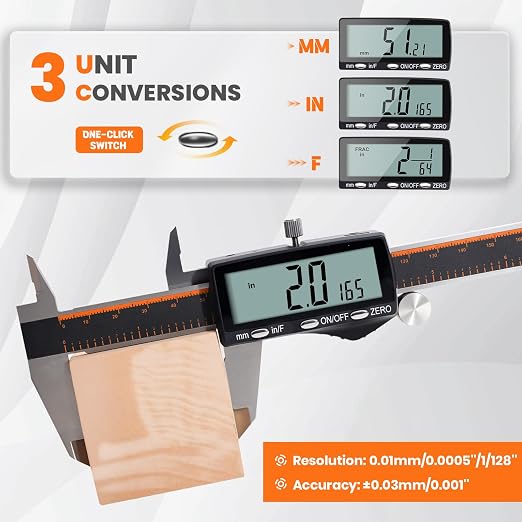 HARDELL Digital Caliper, Rechargeable 0-8 Inch Calipers Measuring Tool with Large LCD Screen, Inch/MM/Fraction, Stainless Steel, Auto-Off, Vernier Caliper Digital Micrometer for DIY