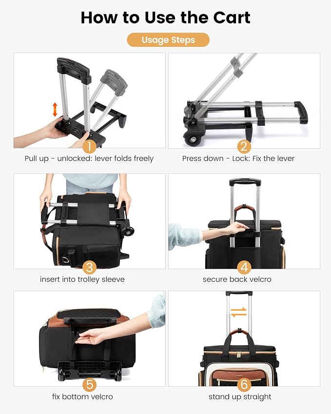 LOVEVOOK Rolling Teacher Bag with Detachable Dolly and Laptop Compartment, Large Rolling Tote Bag fits for 17.3" Laptop for Teacher Office Work Craft Nurse, Black-beige-brown
