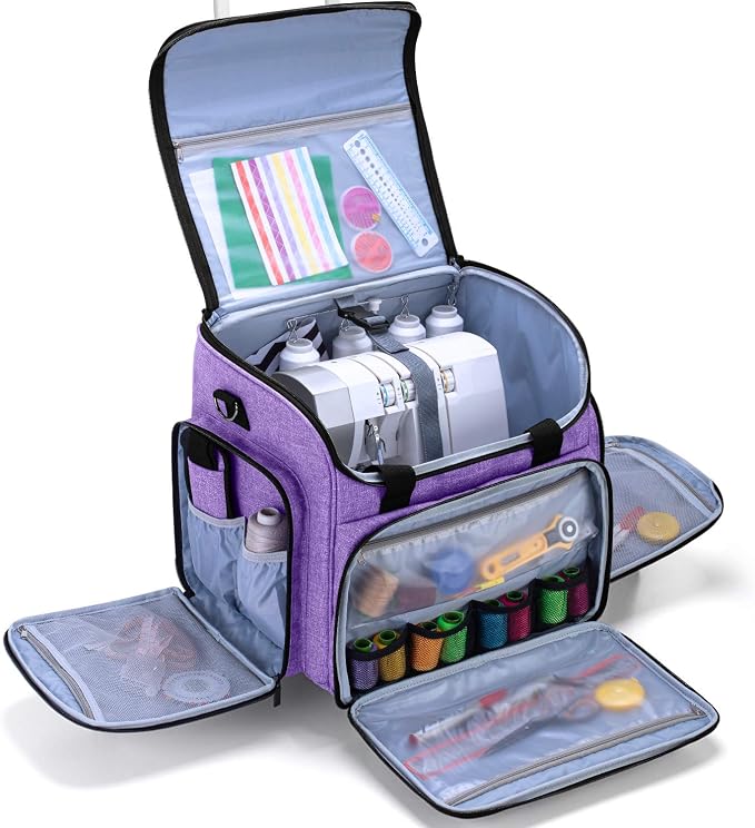 LUXJA Serger Case with Detachable Trolley Dolly, Bag with Removable Padding Pad (Fit for Most Standard Machines), Purple