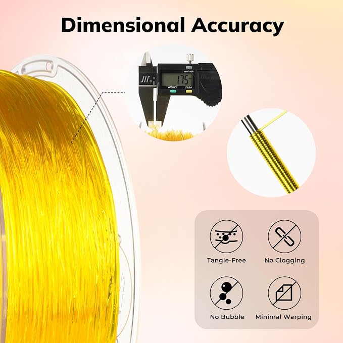 AMOLEN 95A TPU 3D Printer Filament 1.75mm, High Hardness & Resilience TPU Transparent Yellow Filament, 1KG Flexible 3D Filament, Dimensional Accuracy +/- 0.02mm, Suitable for Most FDM 3D Printers