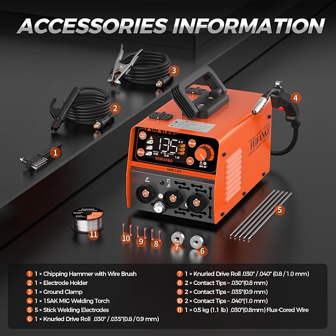 FEIFANKE 135A MIG Welder, 110V Flux Core MIG/Stainless Flux MIG/Stick/MMA/Lift TIG 4 In 1 Welding Machine with Large LED Display Mini IGBT Synergy Inverter Welder for Beginners & Professionals