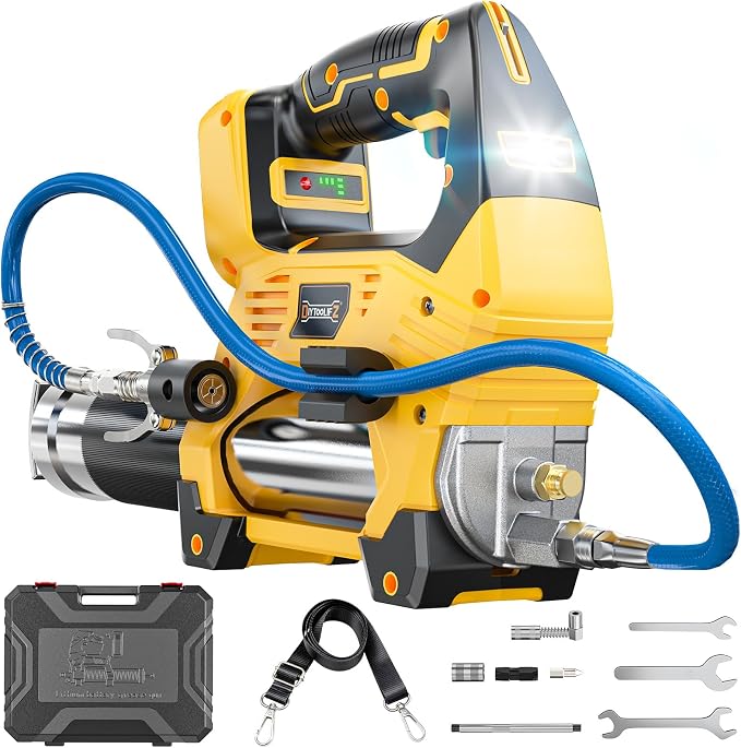 DIYtoolifz Cordless Grease Gun Compatible with DeWalt 20V Battery, 12000PSI High Pressure, 3-Speed&Brushless Motor, 9oz/min Max Flow, 2-in-1 for Cartridge/Bulk Grease, 39.4”Hose&4 Couplers(Tool Only)
