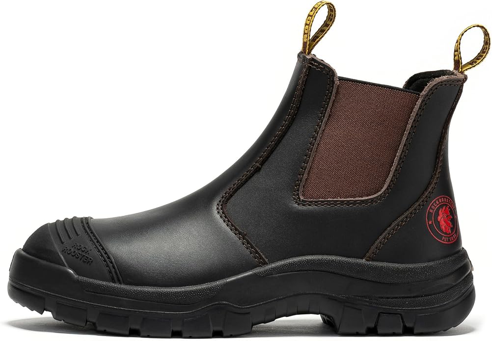 ROCKROOSTER Bakken - 6 inch Steel Toe Anti-fatigue Leather Slip On Safety Work Boots for Men AK229 (EH Rated Rubber Outsole, Dark Brown)