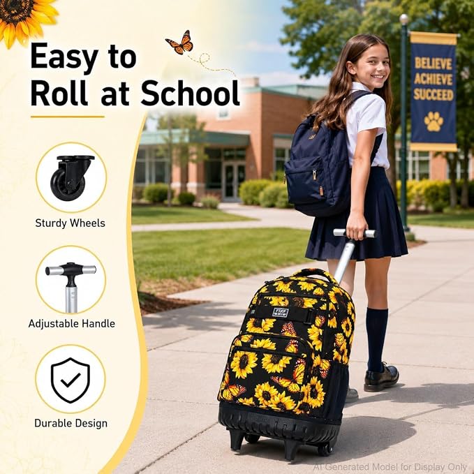 3Pcs Rolling Backpack for Girls Women, Travel Roller Backpacks with Wheels for Adults, Teens College Sunflower Wheeled Bookbag with Lunch Box(Yellow)