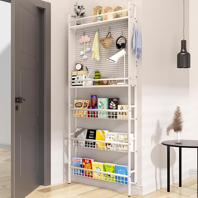 Behind the Door Bookshelf, Space Saving Metal Slim Shelf After Door | Tall Narrow Wall Mounted Storage Cabinet, Behind Door Standing Bookcase with Hooks for Books Bedroom Living Room Office