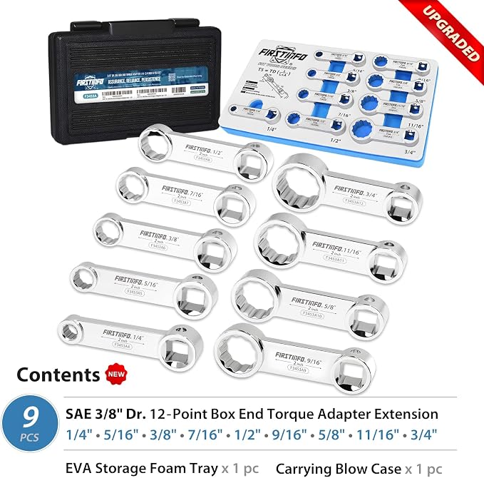 FIRSTINFO 9-Piece 3/8" Drive SAE 12-Point Box End Torque Adapter Set | 5/16-1-1/4 in sizes • 2 in center-to-center length • CR-V steel • Blow-mold case & tray • Made in Taiwan