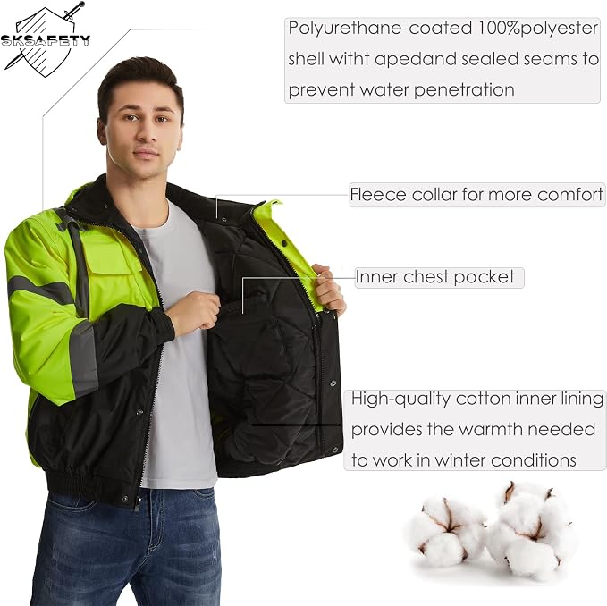 SKSAFETY High Visibility Reflective Jackets for Men, Waterproof Class 3 Safety Jacket with Pockets, Hi Vis Yellow Coats with Black Bottom, Mens Work Construction Coats for Cold Weather, XL, 1 Pack