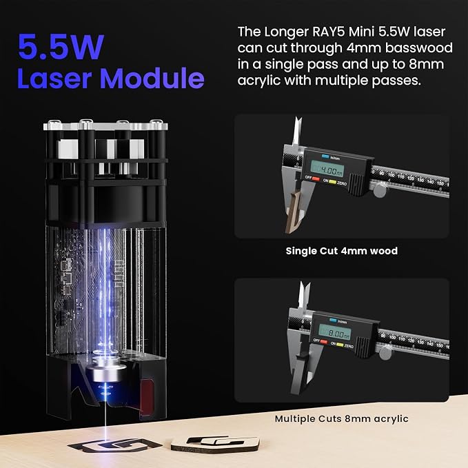 LONGER Ray5 Mini Laser Engraver, 5.5W Portable Laser Engraver & Cutter, 12000mm/min High-Speed, for Wood, Acrylic, Glass & Leather, 130x130mm Work Area, Ideal for Small Business & DIY, WiFi Compatible