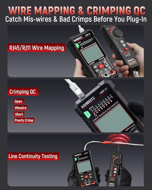 KAIWEETS 3-in-1 Multimeter & Cable Tracer Kit, Auto-Ranging Digital Multimeter with True RMS 4000 Counts, RJ45/RJ11 Wire Tracing & NCV Voltage Detector for Electricians, Home DIY & Auto Repair KMF-01