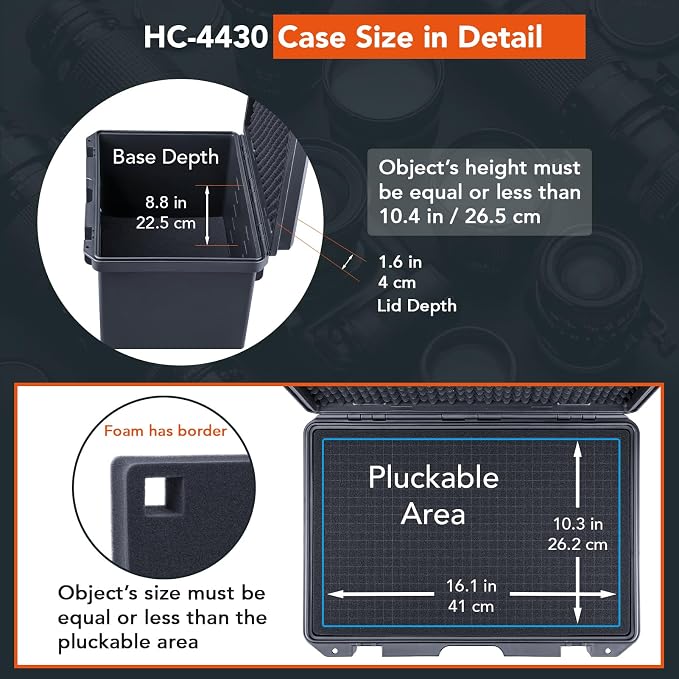 Lykus HC-4430 Waterproof Hard Case with Customizable Foam Insert, Interior Size 17.32x11.42x10.43 in, Suitable for camera, lens, drone, mic, flashlight, projector, electronics, tools, and more