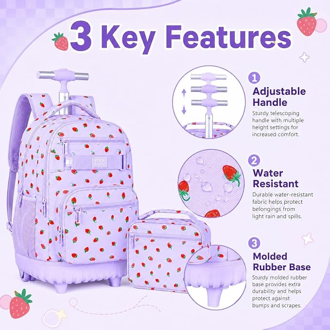 3Pcs Rolling Backpack for Girls Women, Travel Roller Backpacks with Wheels for Adults, Teens College Strawberry Wheeled Bookbag with Lunch Box (Purple)